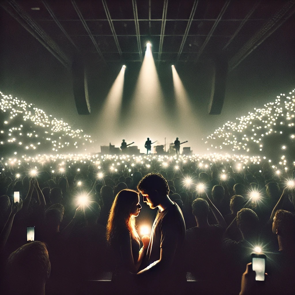 The shared moment between a couple as the world glows and blurs around them.
